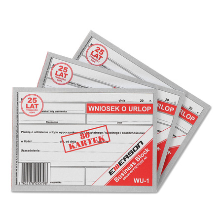 DRUK AKCYDENSOWY WNIOSEK O URLOP A6 EMERSON WU-1 80 KART. 5 BL.