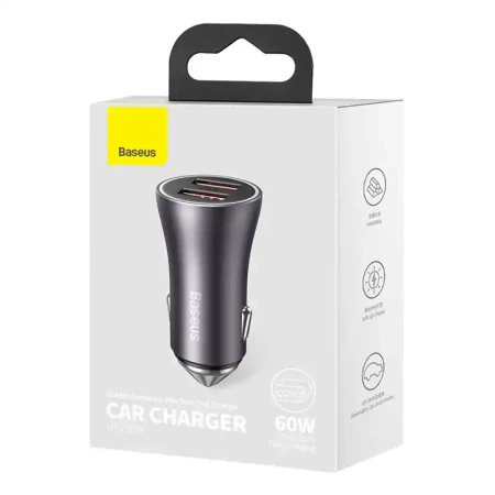 ŁADOWARKA SAMOCHODOWA BASEUS GOLDEN CONTACTOR MAX, 2X USB, 60W (SZARA)