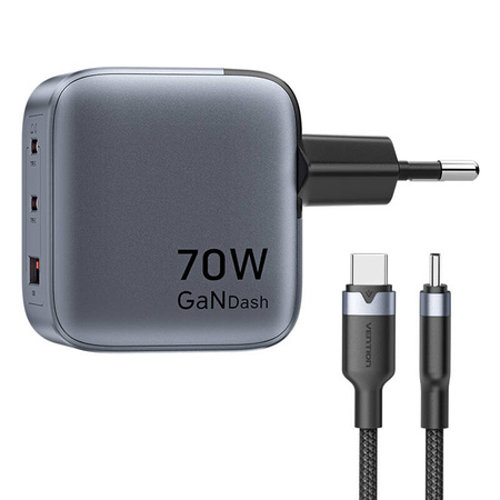 ŁADOWARKA GAN VENTION USB-C+C+A 70W + KABEL USB-C-C 1M (SZARA)