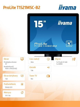 IIYAMA MONITOR 15 CALI T1521MSC-B2 POJEMN.10PKT.TN,7H,IP65(FRONT),VGA,HDMI,2X2W,4:3,VESA
