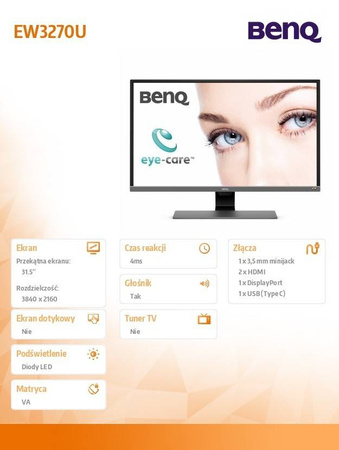 BENQ MONITOR 32 EW3270U 4K LED 4MS/3000:1/HDMI/CZARNY