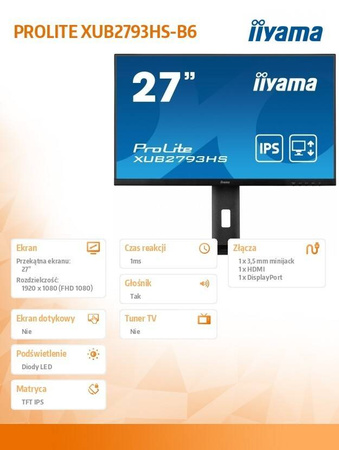 IIYAMA MONITOR 27 CALI XUB2793HS-B6 IPS,FHD,HDMI,DP,2X2W