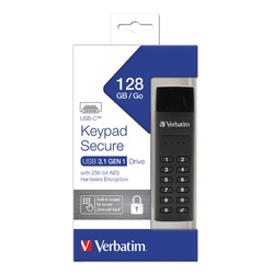 VERBATIM USB FLASH DISK, USB 3.0, 128GB, KEYPAD SECURE, CZARNY, 49432, USB C, 256BITOWE SZYFROWANIE AES, LED