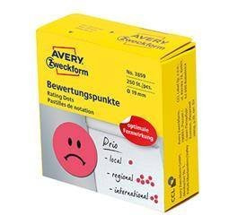 Etykiety samoprzylepne 19mm kółka "smutna buźka" do zaznaczania w dyspenserze AVERY ZWECKFORM w dyspenserze 3859 czerwone 250 szt