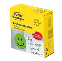 Etykiety samoprzylepne 19mm kółka "uśmiechnięta buźka" do zaznaczania w dyspenserze AVERY ZWECKFORM w dyspenserze 3858 zielone 250 szt