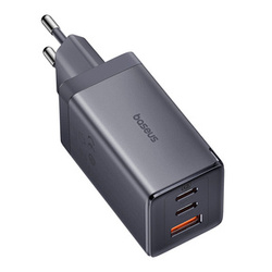 Ładowarka sieciowa Baseus GaN5, 2x USB-C + USB, 65W + kabel 1m (szara)