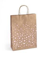 TOREBKA NA PREZENTY 33X10X24CM ARGO 257010 CIEMNOBEŻOWA RÓŻOWE SERCA PAPIER KRAFT 5SZT