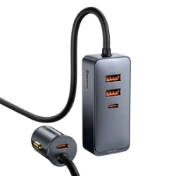 Ładowarka samochodowa Baseus Share Together z przedłużaczem, 2x USB, 2x USB-C, 120W (szara)
