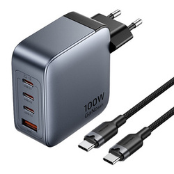 ŁADOWARKA SIECIOWA VENTION 3X USB-C, 1X USB-A, (100W/100W/30W/30W) (SZARA) Z KABLEM USB-C DO USB-C (1M) (CZARNY)