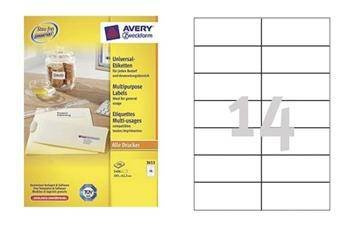 Etykiety samoprzylepne 105x42.3mm uniwersalne AVERY ZWECKFORM trwałe 3653 białe 100ark*14szt