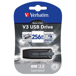 VERBATIM USB FLASH DISK, USB 3.0, 256GB, V3, STORE N GO, CZARNY, 49168, USB A, Z WYSUWANYM ZŁĄCZEM